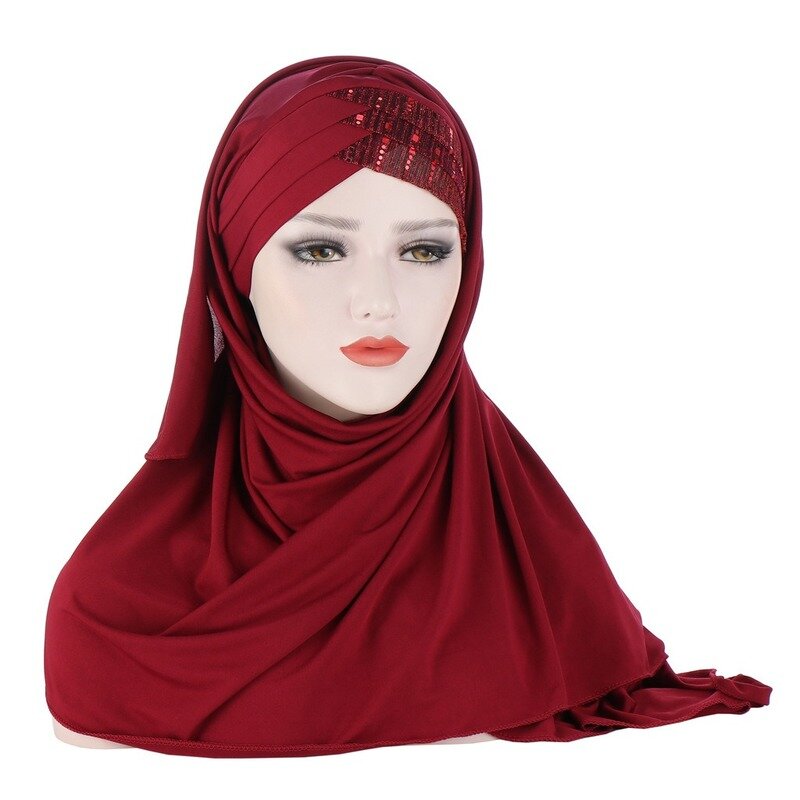 KepaHoo Sequins Glitter Forehead Cross Muslim Hijab Scarf Ready to Wear Turban Hijabs Islamic Women Headscarf Female Head Wraps