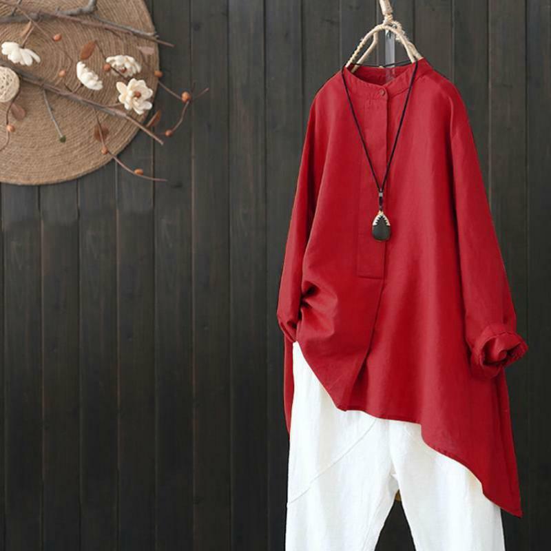 Womens Tops And Blouses Long Sleeve Solid Color Casual Cotton Linen Solid Color Irregular Hem Comfort Plus Size Women Shirt