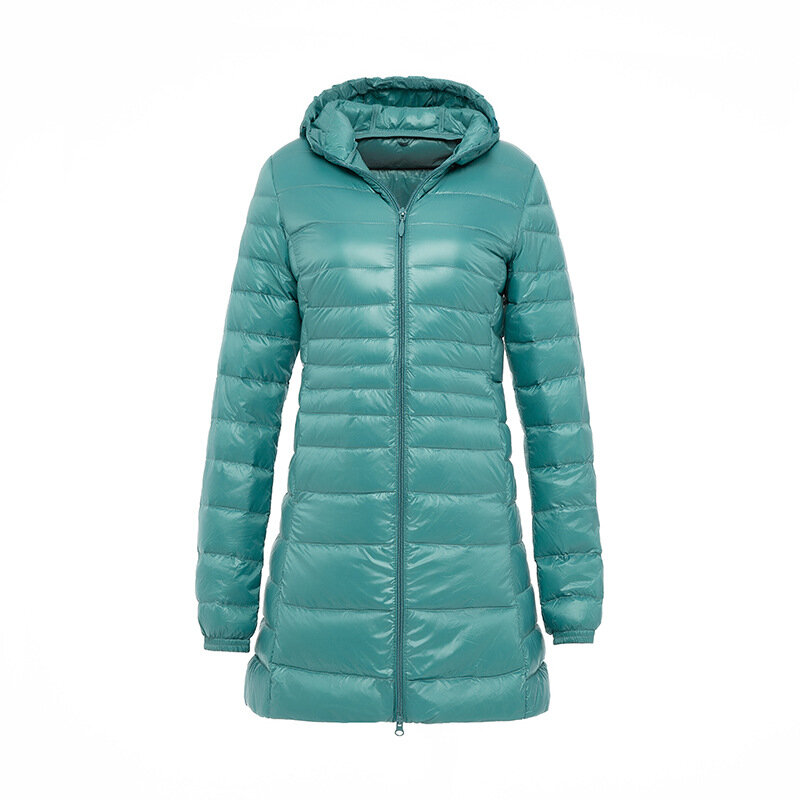 女性用の超軽量ロングジャケット,フード付き,暖かいスリムコート,フェザーズジャケット,ラージサイズ,6xl,7xl,冬