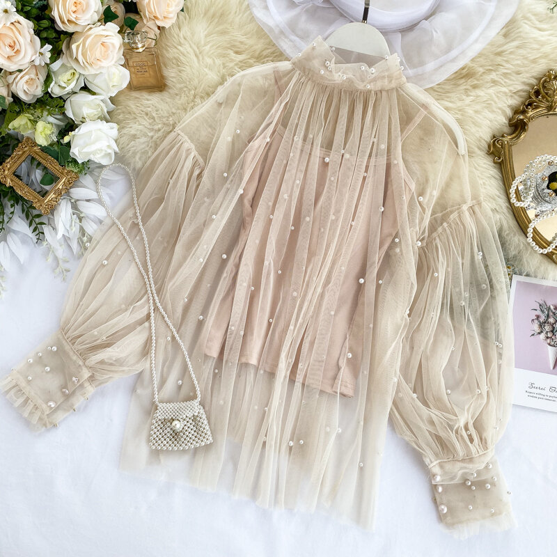Blusa elegante de gasa con encaje y perlas para mujer, camisa de manga farol con abalorios, talla grande, otoño y primavera, 2019