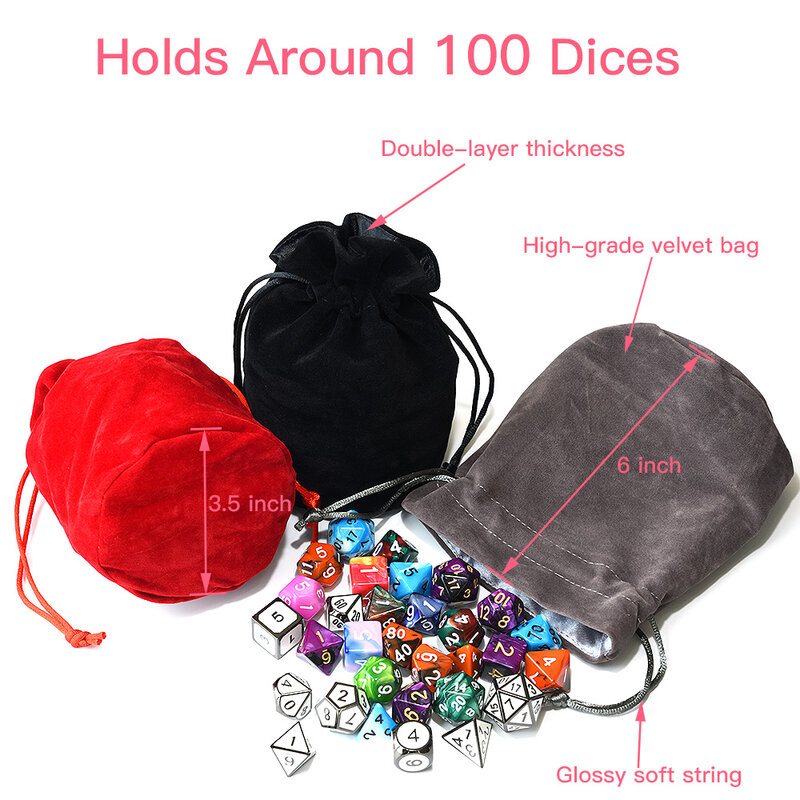 Serut Beludru Dice Bag Double-Layer untuk Kemasan Hadiah Dadu Perhiasan Koin Penyimpanan Pernak-pernik Merah Hitam Abu-abu