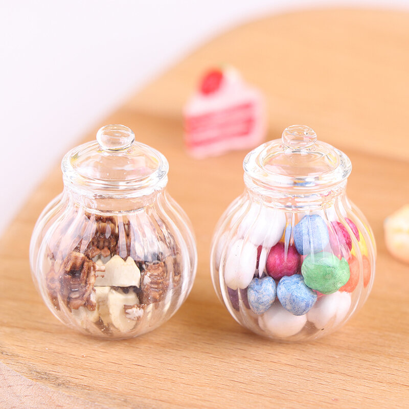 1PC 1:12 miniatura per casa delle bambole bottiglia di vetro rotonda vaso di caramelle Mini modello di bottiglia di caramelle