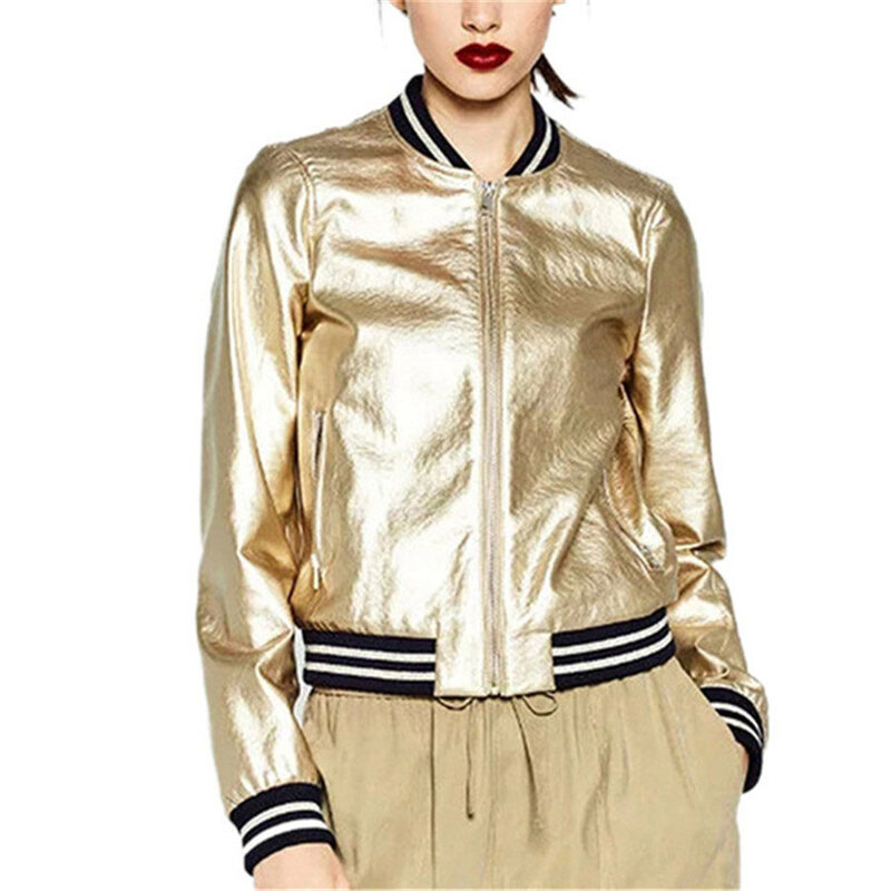 2021 Spring Gold Silver Bomber Jacket Women Basic Coats Striped Stand neck Casual Jackets Outerwear Jaqueta Feminina