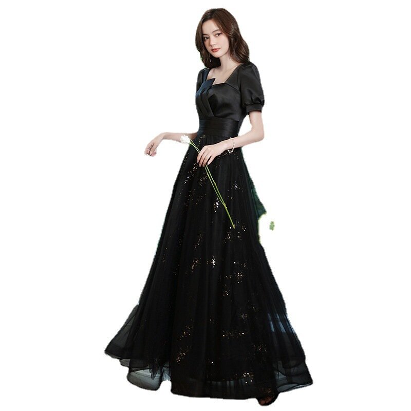 Robe de soirée à paillettes Style coréen pour femmes, tenue de bal élégante, longueur au sol, manches courtes, ligne a