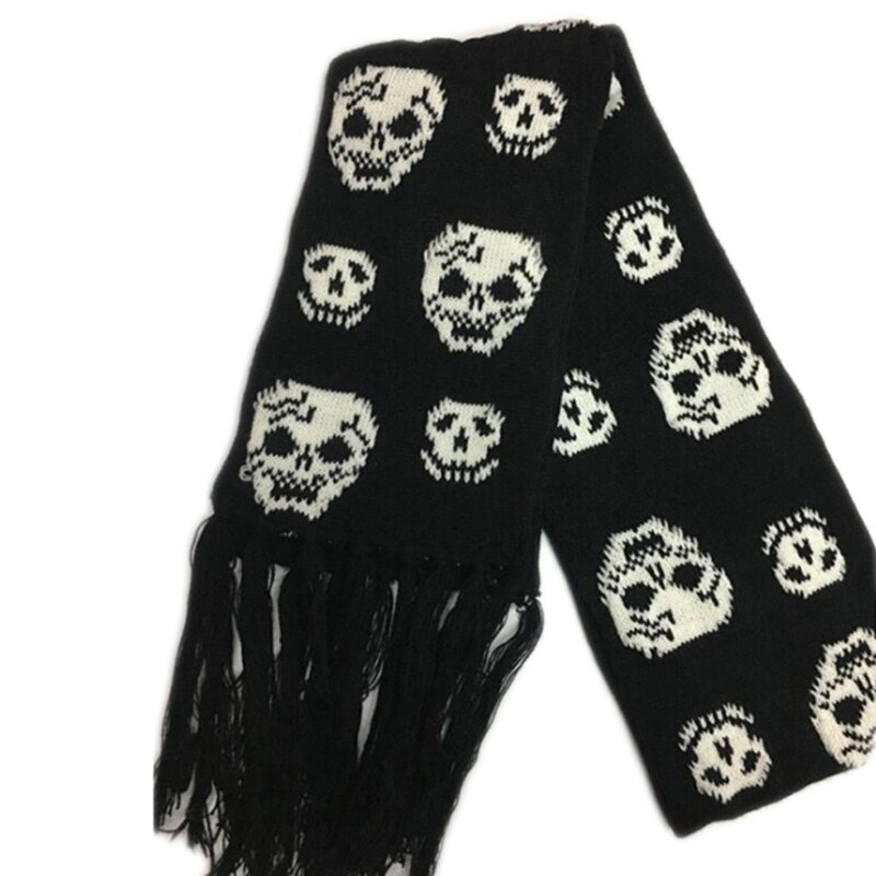 Мужской вязаный шарф с бахромой, черный и белый шарф из искусственной шерсти с черепами