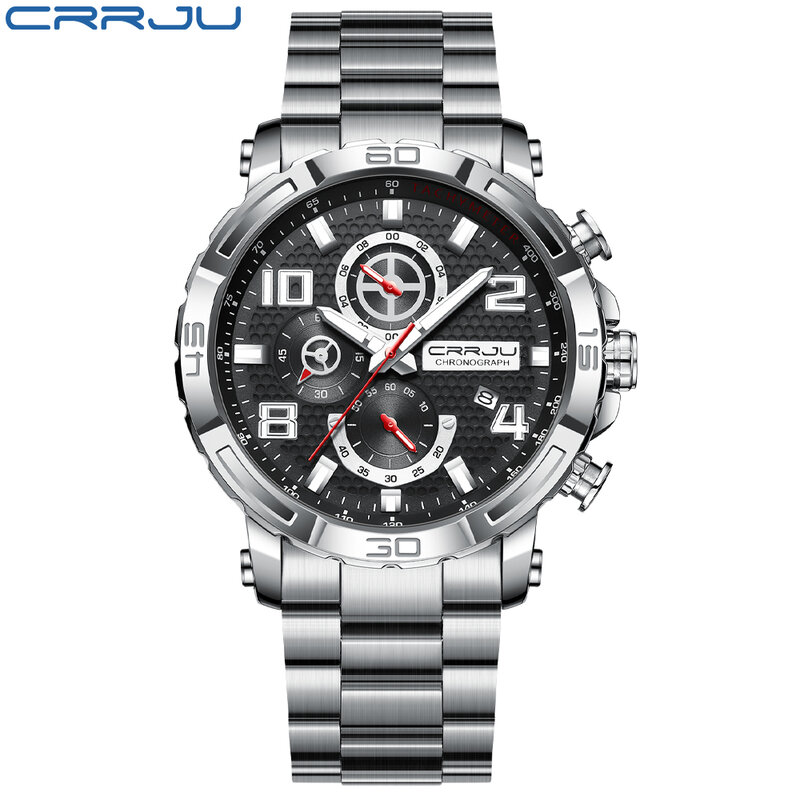 Часы CRRJU мужские водонепроницаемые с большим циферблатом, спортивные с хронографом и светящимися стрелками из нержавеющей стали, с датой