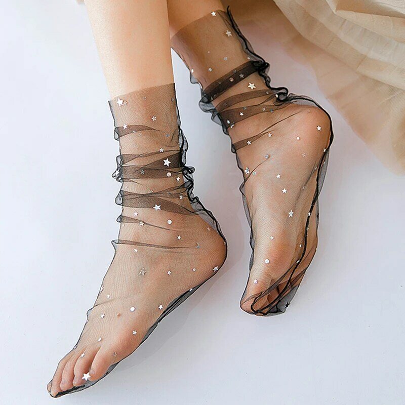 Милые кружевные носки женские прозрачные тонкие носки Звезда Луна длинные сетчатые тюлевые носки женские носки