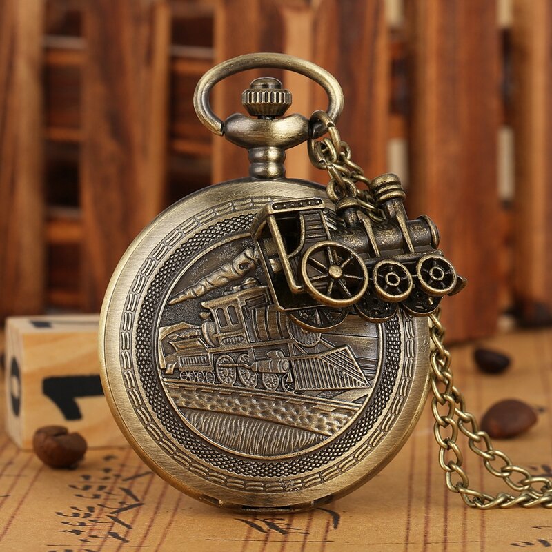 Reloj de bolsillo de cuarzo con motor de locomotora de tren de bronce, collar Retro, cadena colgante, los mejores regalos para hombres y mujeres con accesorio de tren