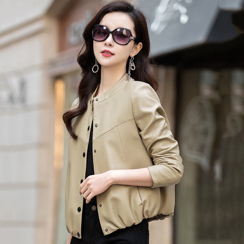 New Women Short Leather Jacket Spring Autumn 2024 Casual Fashion O-Neck Solid Loose Sheepskin Coat Leather Outerwear Biker Tops