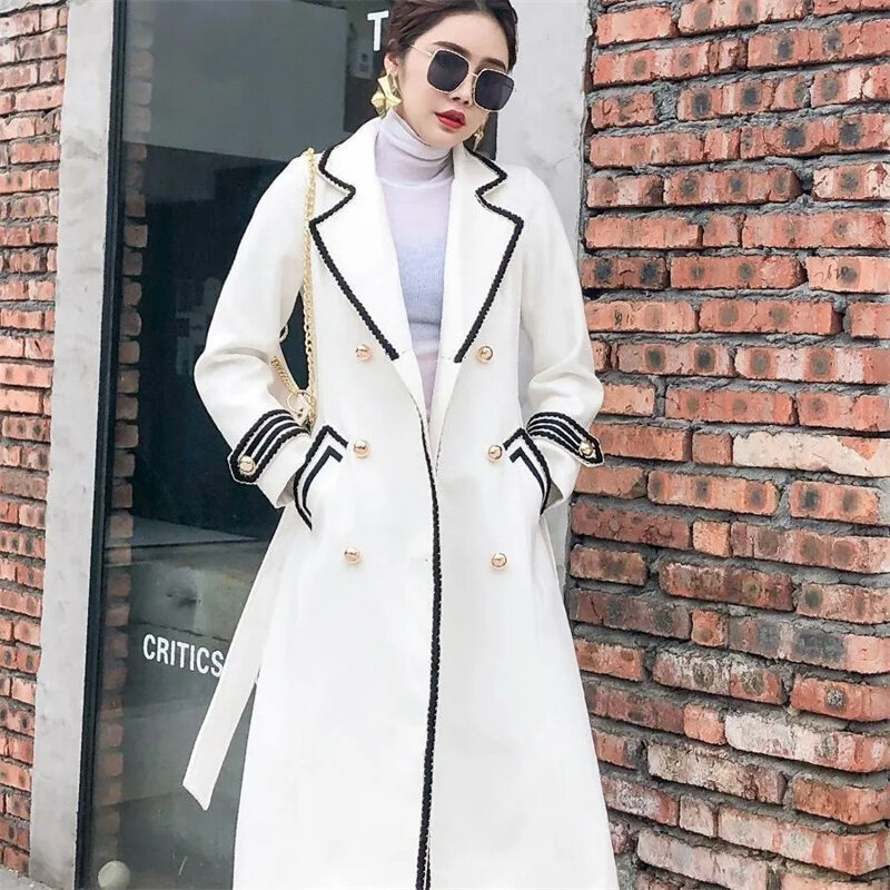 Biały wełniany płaszcz na kolanach 2021 damski średniej długości jesienno-zimowy brytyjski w stylu Hepburn zagęszczony Slim dwurzędowy płaszcz
