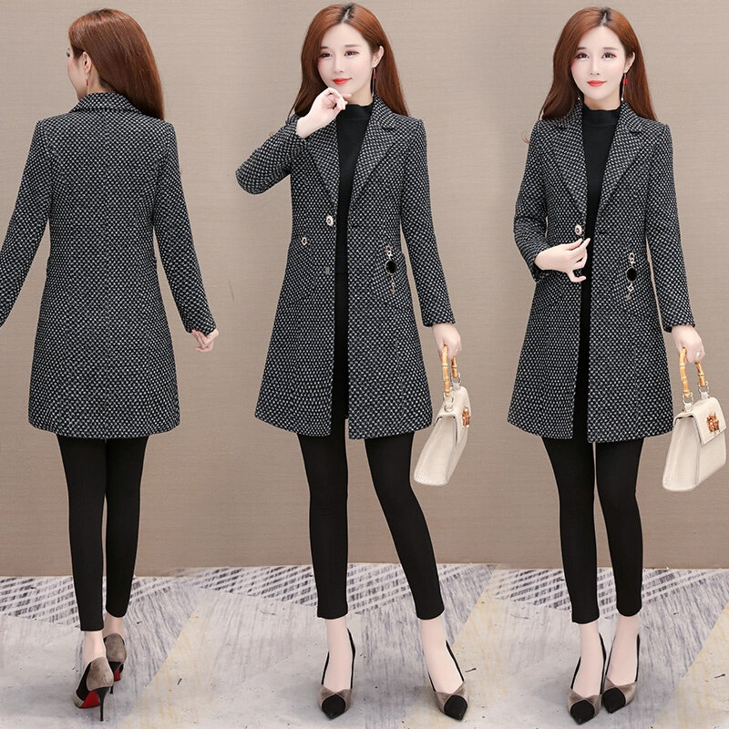 UHYTGF 2023 새로운 우아한 트렌치 코트 여성 블레이저 여성 사무복 격자 무늬 모직 코트 고품질 가을 의류 자켓 1381