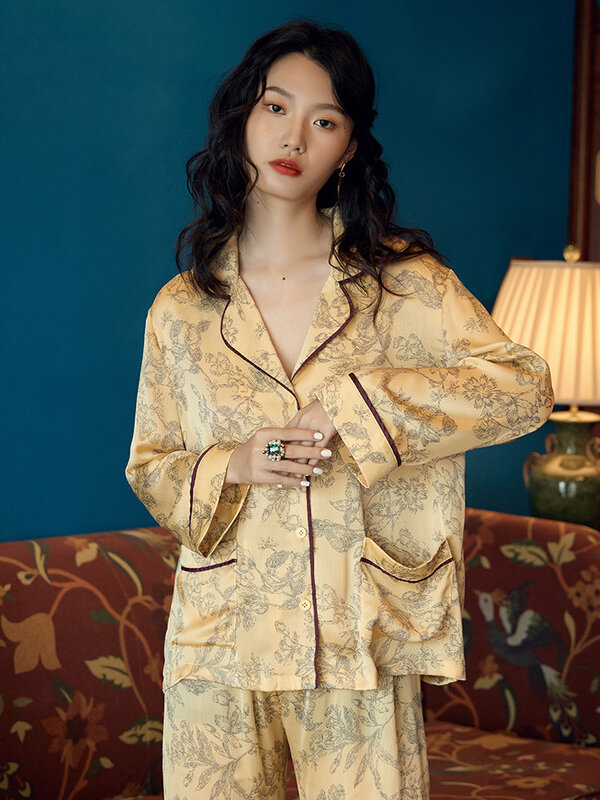 Pijamas de seda feminino terno moda padrão de duas peças calças de manga comprida pijamas de seda para mulher