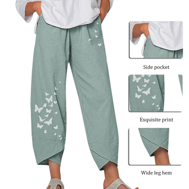 Mulheres casual harem calças verão elástico cintura larga perna calças vintage floral impresso feminino solto pantalon mais tamanho
