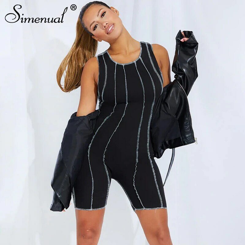 Simenual Patchwork Skinny Fall 2020 Women Rompers with Gloves Fashion Bodycon Sporty Workout Casual Biker Shorts Playsuits Black
