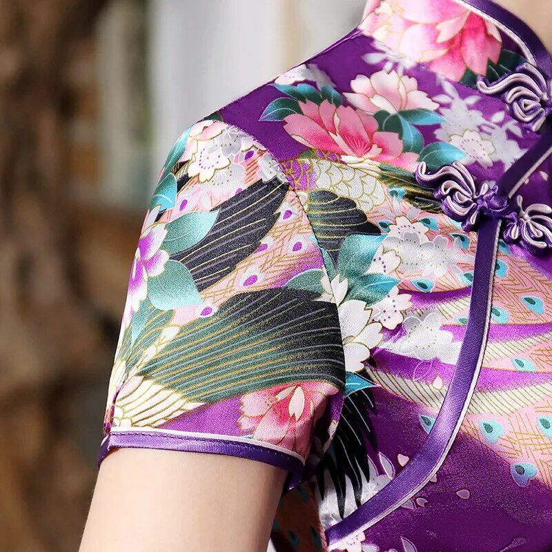 Sexy fioletowy kobiety satyna codziennie dorywczo sukienka lato nowe długie Qipao druku kwiat chiński Cheongsam rozmiar sml XL XXL 3XL 0162