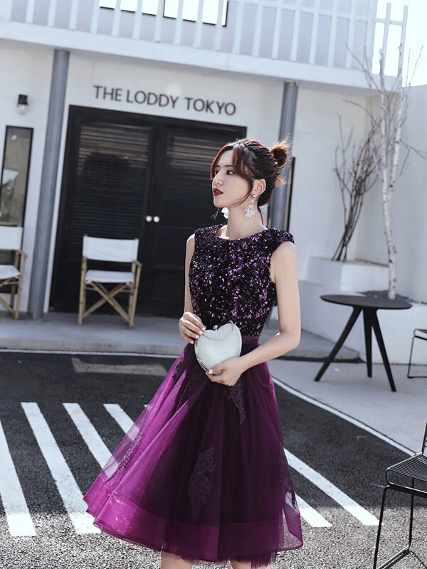 Simple Women's Party Gowns O-Neck Sleeveless Club Wear Tea-Length Sequined Floral Print Lace Elegant Birthday Evening Dress