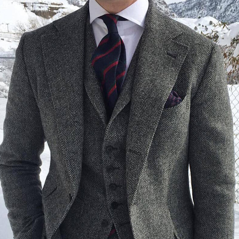 Grijze Wollen Tweed Winter Herenpak Voor Bruiloft Formele Bruidegom Smoking Visgraat Heren Mode 3-delig Pak (Jas + Vest + Broek)