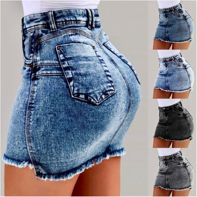 2019 senhoras rasgado verão saia jeans do vintage sexy saia de cintura alta denim mulheres quadris empurrar para cima angustiado mini lápis saia