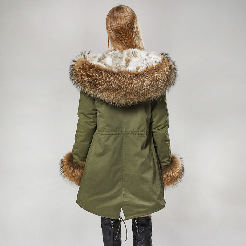Mmk casaco feminino de inverno, jaqueta tipo parca para mulheres, forro de pele de coelho, gola com guaxinim, longo com capuz, verde militar, temporada quente
