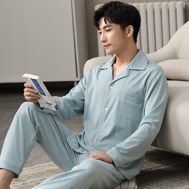 Pijama para homens 100% algodão, roupa de dormir cinza, 2 peças, para outono e inverno, conjunto de pijamas de algodão para casa