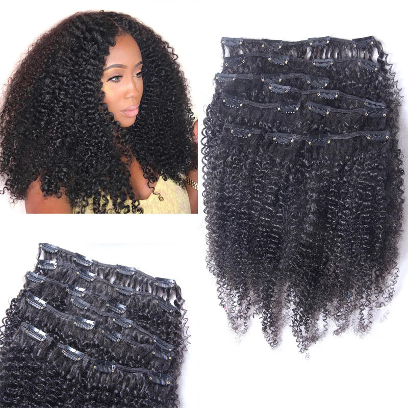 Afro kinky encaracolado grampo em extensões do cabelo humano mongol remy grampos de cabelo em preto natural para preto feminino 8 peças 200 g/set