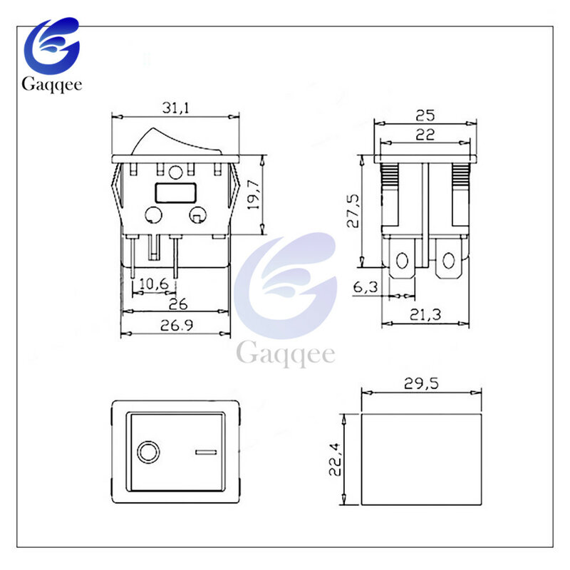 KCD4 2 Files 6 Pins Feets Copper Rocker Switch Power Touch On/off Ship Type Switch with light Silver Contacts 30A/250V 25*31MM