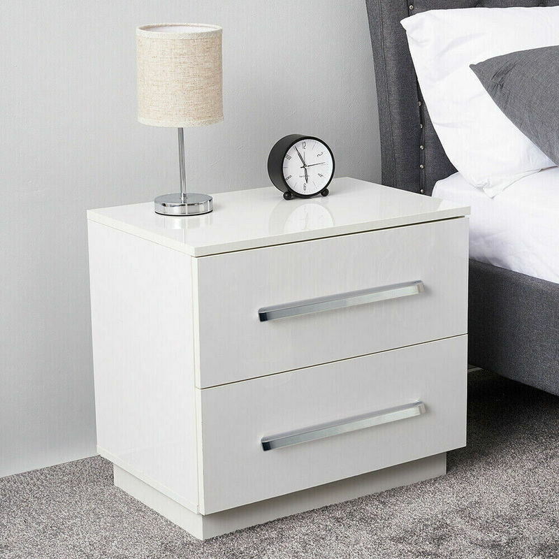 Modern Bedside Table with LED Light High Gloss, 2 Drawers Storage Cabinet Bedroom Nightstand Living Room End Table
