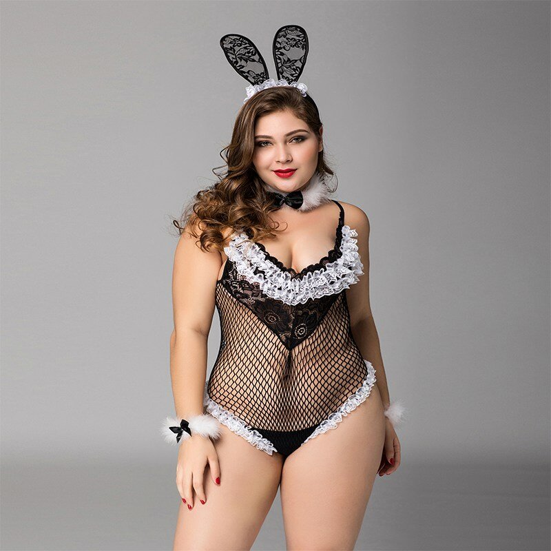 Xxlサイズレースバニーガールセクシーなエロランジェリーアニメコスプレ衣装のウサギのスーツラップ胸甘い大サイズ女性のための