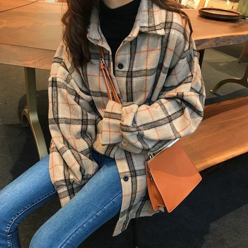 여성 블라우스 턴 다운 칼라 봄 셔츠, 격자 무늬 올 매치 BF 배트윙 슬리브 아웃웨어, 세련된 새로운 긴 소매 재킷