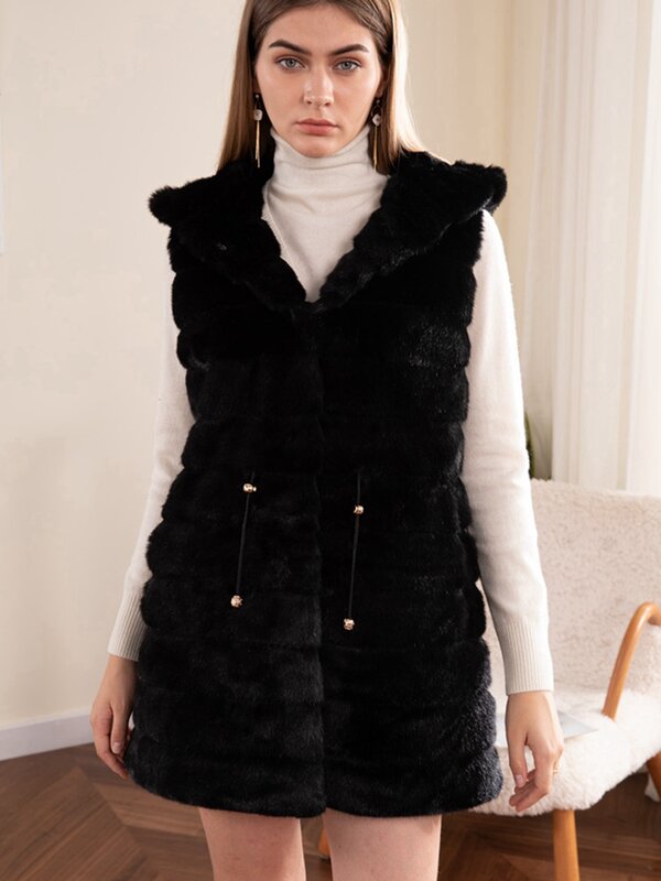 Alta qualidade casaco de pele do falso colete sem mangas com capuz cor sólida plus size moda inverno quente longo lã colete jacke