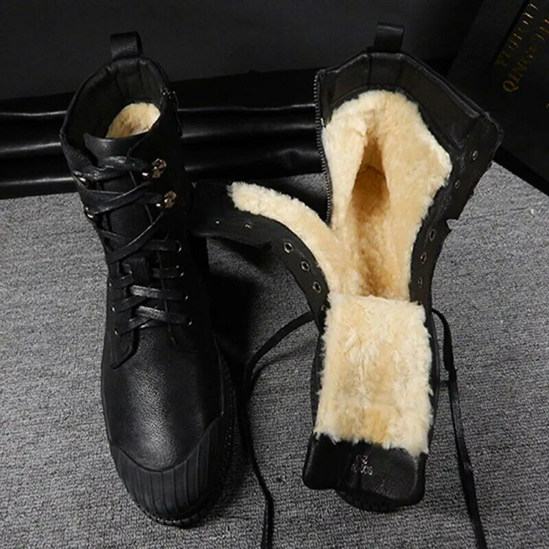Forro de inverno dos homens de lã quente botas de neve genuína 2021 nova marca de luxo alta qualidade dedo do pé redondo rendas até couro ao ar livre bota