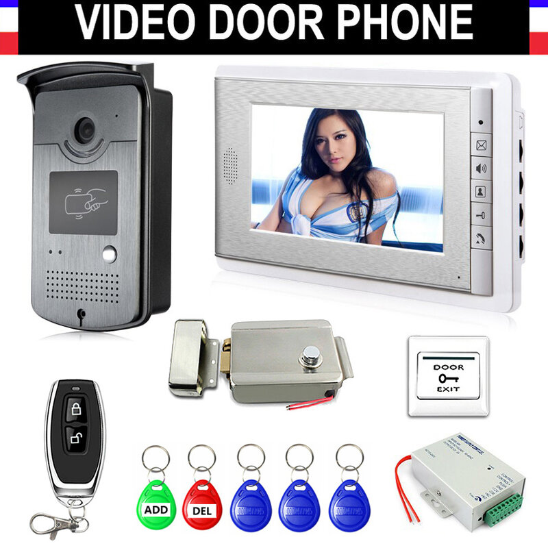 Système d'interphone vidéo avec écran de 7 pouces, sonnette avec serrure électrique, télécommande, alimentation électrique, sortie de porte, porte-clés d'identité