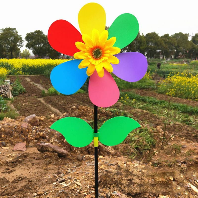 Moinho de vento girassol colorido g99c, brinquedo diy para decoração de jardim, quintal
