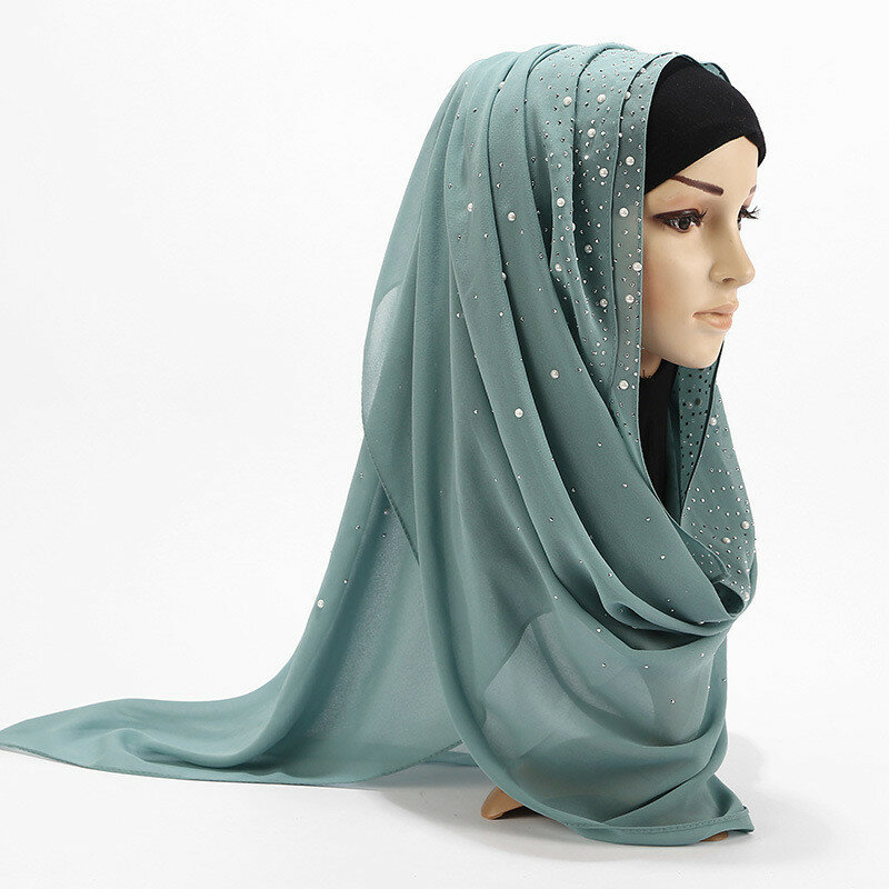 2024 женский простой шифоновый шарф с пузырьками и жемчужинами, головной хиджаб, Однотонный женский фуляр, магазин мусульманских хиджабов