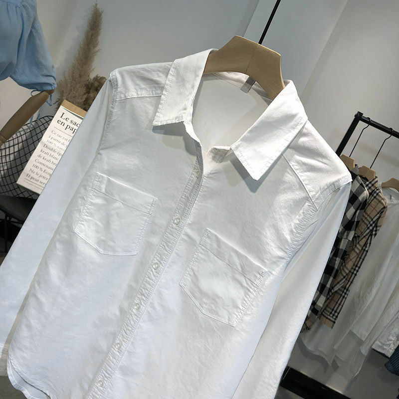 Blusa azul de manga larga para mujer, Camisa de algodón de estilo coreano, con Bolsillos y cuello vuelto, color blanco, 2021