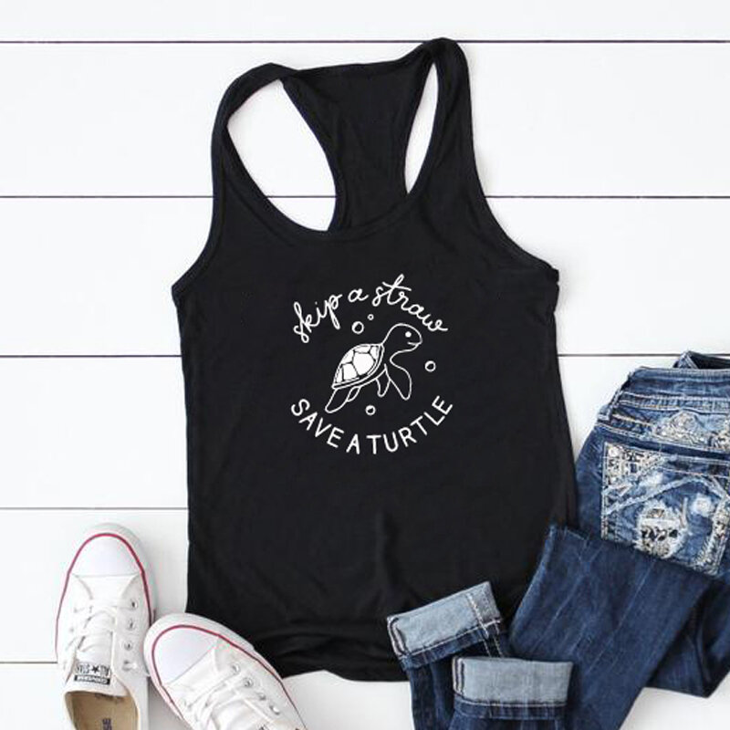 Women's Flowy Racerback Eco Tank Fashion Sleeveless Graphic Running Workout Yoga Shirt Vest Skip A Straw Save A Turtle Tank Tops