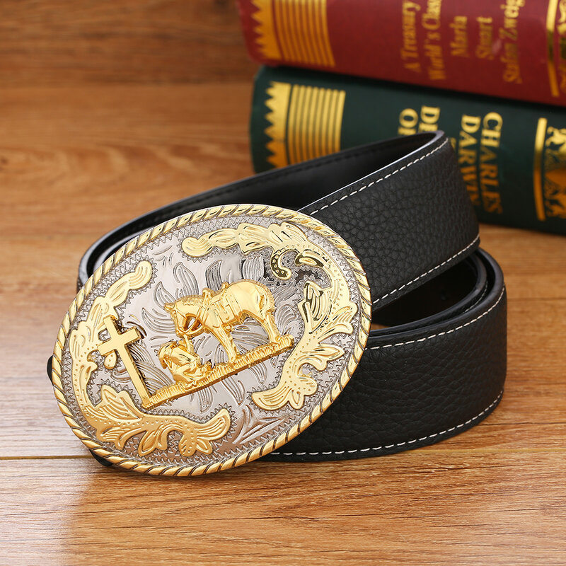 Western Cowboy Belt Buckle Gold Ovale Vorm Kruis Paard Bid Riem Gesp Voor Man Zinklegering Breedte 4.0Cm