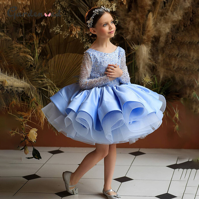 Brokat niebieski kwiat sukienki dla dziewczynek olśniewająca dziewczynka sukienka bufiasta księżniczka słodkie małe dziecko sukienka dziecięca sukienka urodzinowa pierwsza komunia