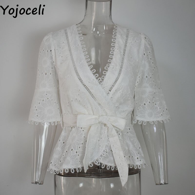 Yojoceli-Blusas de renda de algodão bordado para mulheres, plissado Bow, camisa feminina, blusas Boho, novas