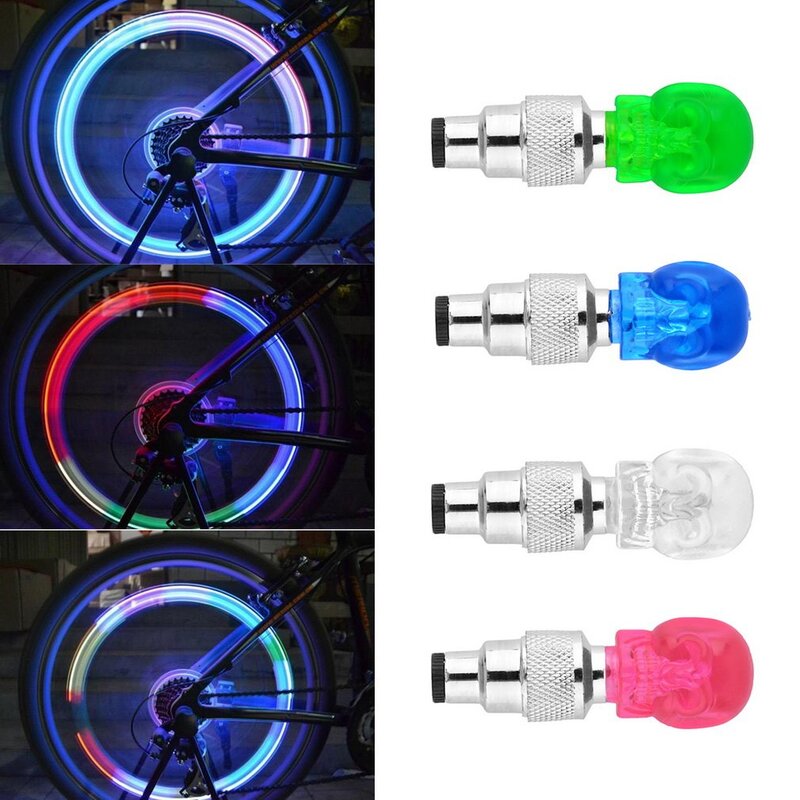 해골 모양 밸브 캡 LED 라이트 휠 타이어 램프 다채로운 자전거 액세서리 자동차 오토바이 바퀴 빛 교통 안전