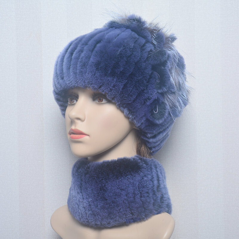 New Style Lady Knit Fur Hats Muffler 2 Pieces Women Warm Rex Rabbit Fur Hat Scarf Sets Winter Natural Rex Rabbit Fur Cap Scarves