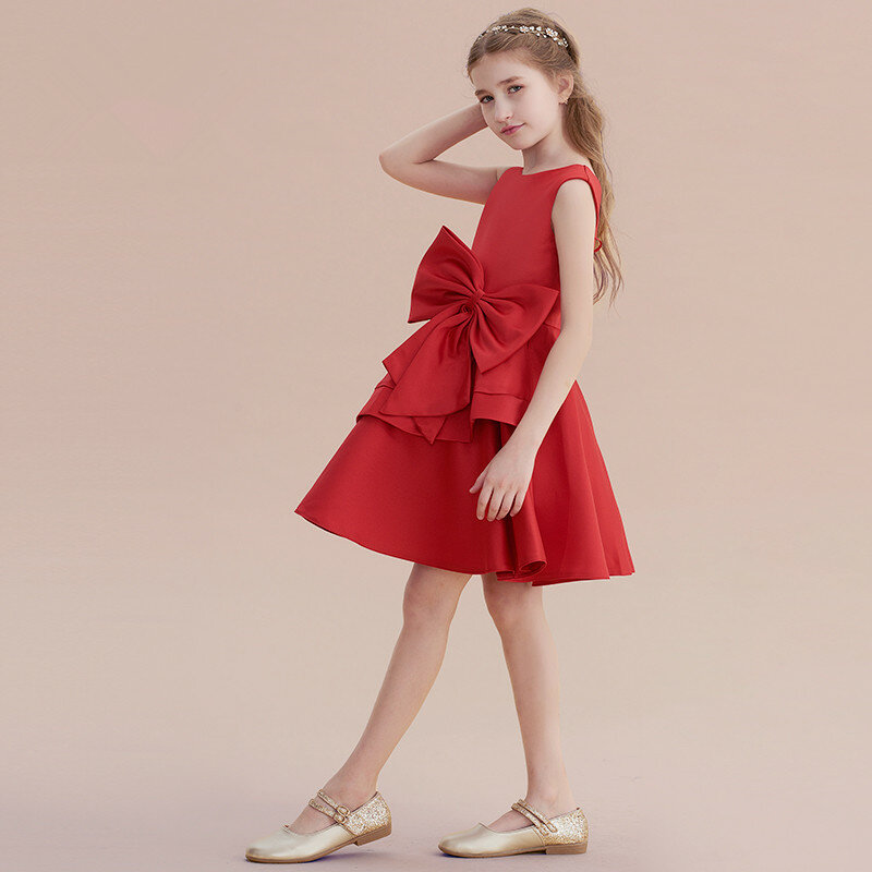 Dideyttawl-Vestido corto de satén rojo para niñas, vestido de fiesta de noche con lazo bonito, vestido de niña de flores, vestido de fiesta de cumpleaños de princesa para niños pequeños