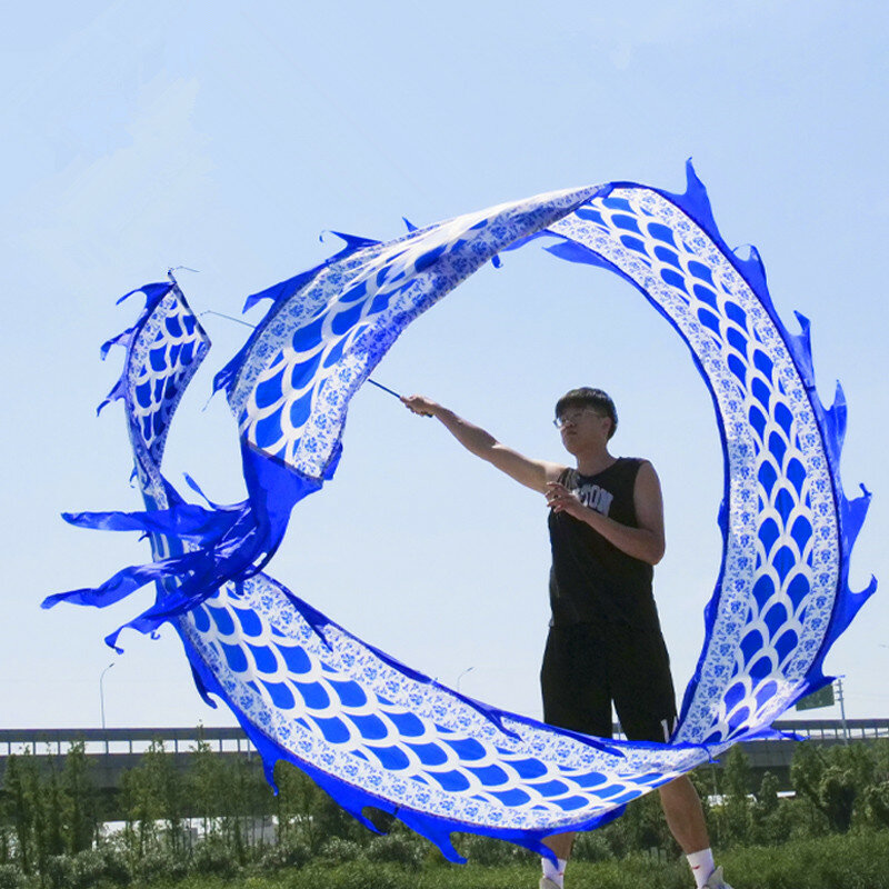 Prodotti lavabili in porcellana bianca blu Dragon Dance per una persona Square Fitness Dragon Festival regali giocattoli Ribbon Dance Props