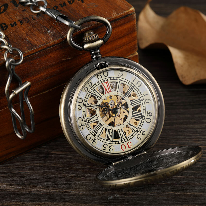 간단한 양면 커버 기계식 포켓 시계 남자 할로우 스팀펑크 해골 손 바람 빈티지 포켓 시계, 남성 시계 허리