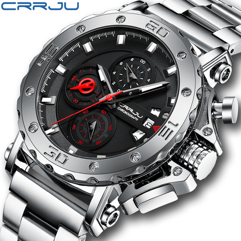 Crrju-relógio de pulso de aço inoxidável masculino, à prova d'água, com data, luminoso, luxo, esporte, quartzo, marca superior