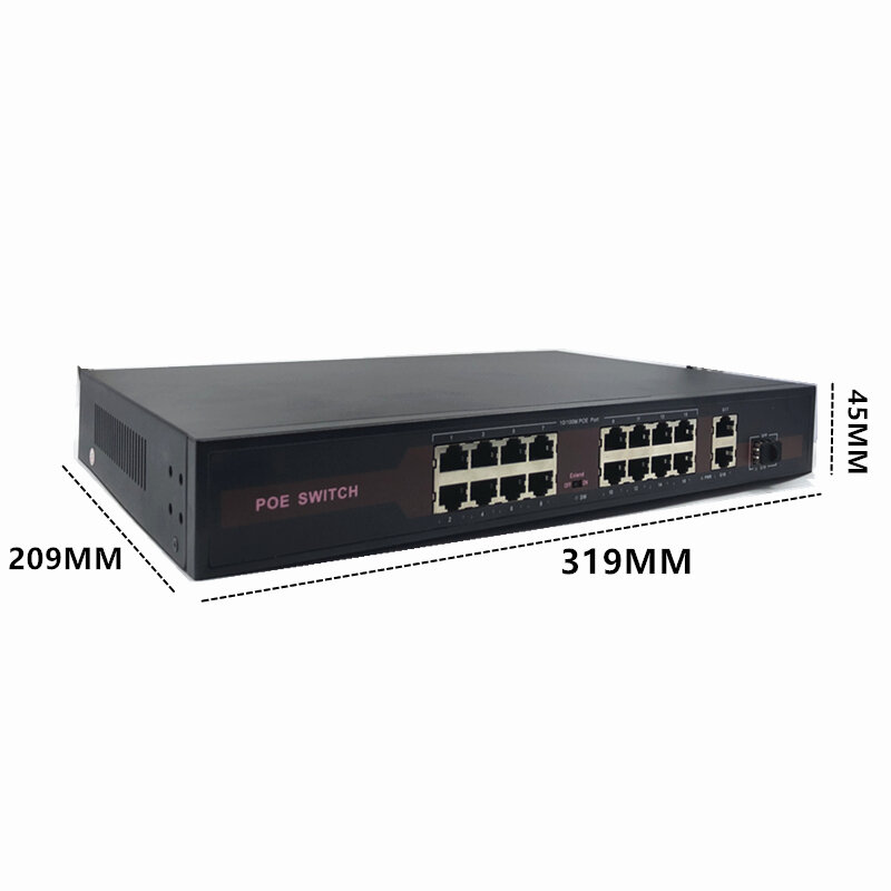 48V Ethernet POE Switch dengan 16 Port 10/100Mbps Port IEEE 802.3 Af/At Cocok untuk Kamera IP/Sistem Kamera AP/CCTV Nirkabel