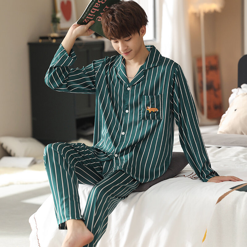 Autumn Men's Silk Striped Pajama Sets Satin Cardigan Sleepwear Pajamas Male Sleepwear Home Clothes Pijama Hombre Loungewear 4XL