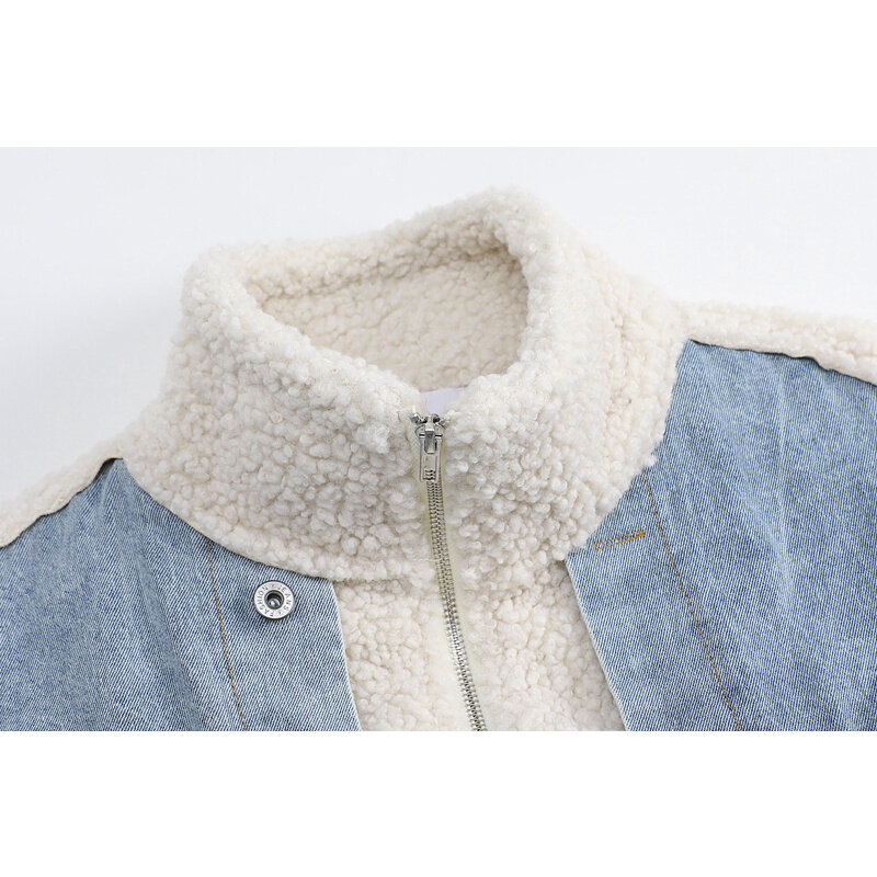 Casaco jean extragrande para mulheres, outwear feminino, grosso e quente, casacos de lã de cordeiro, jeans patchwork, moda neve, outono e inverno, 2023