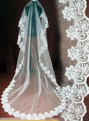 Baru 1 lapisan Katedral panjang kerudung pernikahan putih gading renda tepi pengantin