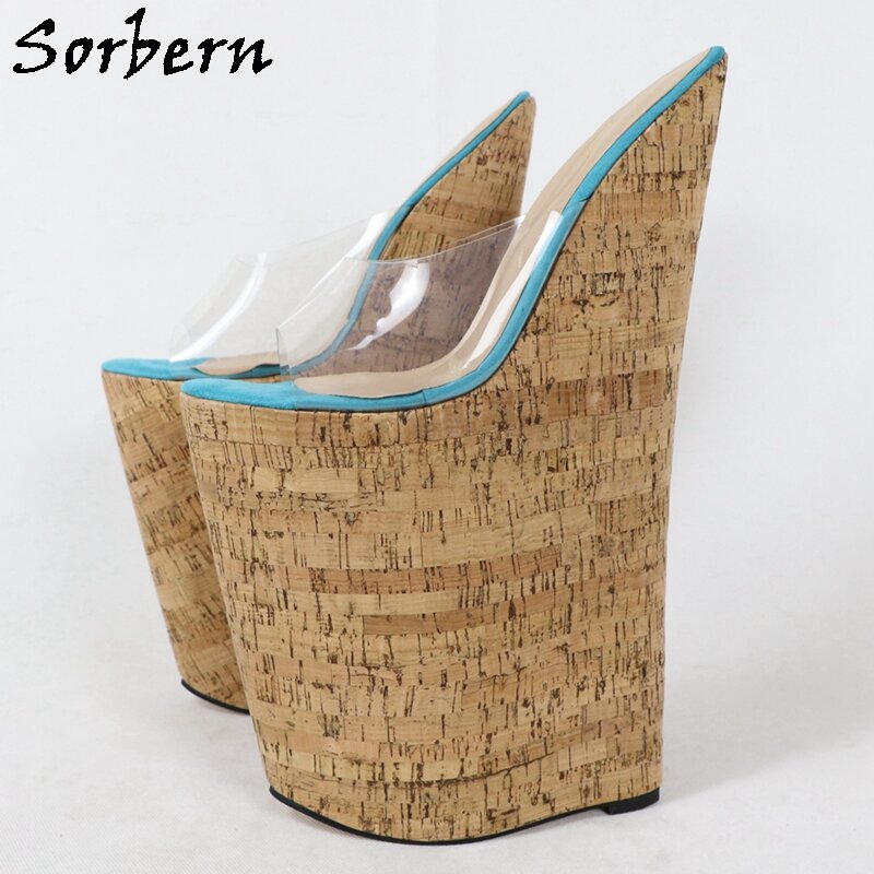 Sorbern-Sandálias de salto alto extremo para mulheres, dedo do pé aberto em PVC transparente, cunhas de cortiça, sapatos de verão, feitos sob encomenda, 13"